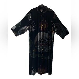 VTG Citron Velvet Silk Kimono Duster Jacket Dragon Print Boho Y2K Whimsigoth XL